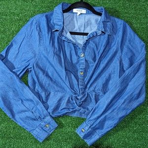 Active USA denim size large twist front crop with long sleeves and buttons